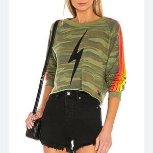 AVIATOR NATION BOLT STITCH CROPPED CAMO CREW SWEATSHIRT